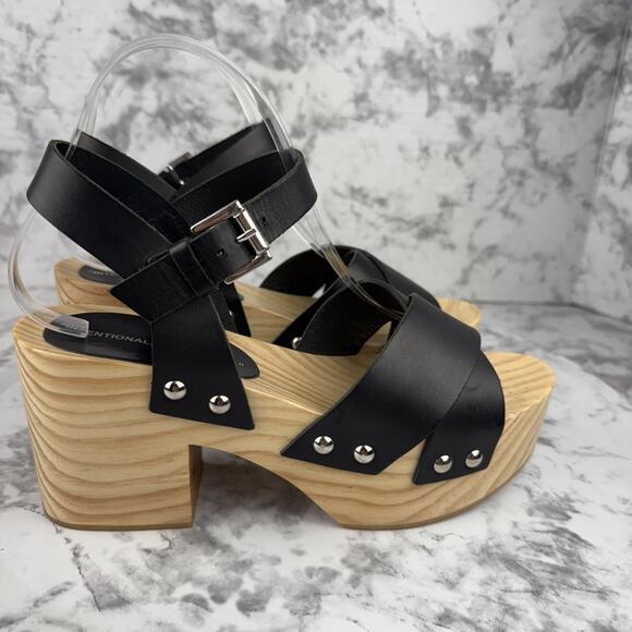 Intentionally Black Womens Twin Clog Platform Sandal Size 8 Black Leather Wood - Picture 5 of 8